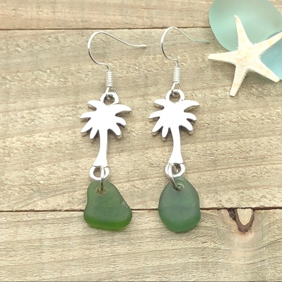 Hand Crafted Jewelry - Sea Glass Palm Tree Charm Earrings| Beach Seaglass Tropical Jewelry Gift For Her